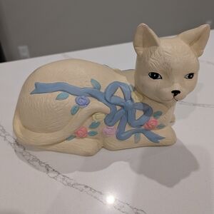 Vintage Taiwan Cat Figurine Blue Ribbon Floral Kitten Resin Decor 1980s